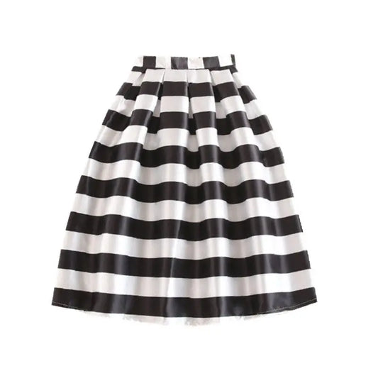 BunniesFairy 2022 Summer New Women Black and White Horizontal Block Stripe Geometric Print Pleated Midi Skirt for Office Work