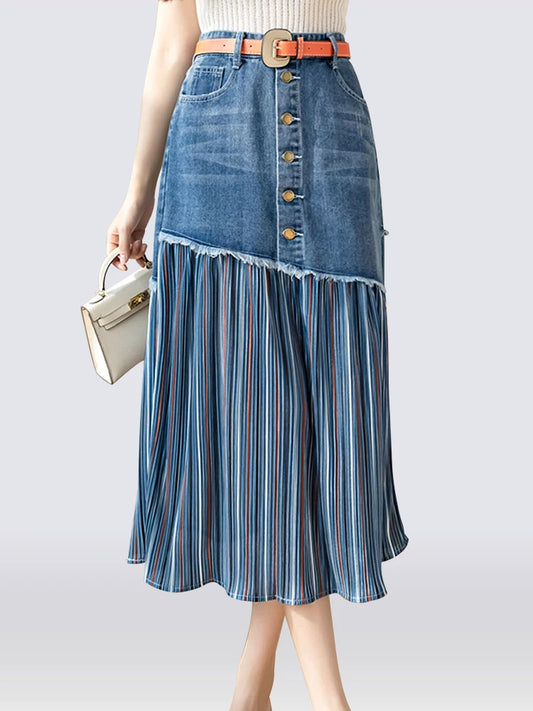 S-5XL Patchwork Pleated Jeans Skirts Women High Waist Ripped Skirts Vintage Elegant Korean Fashion Denim Skirts Big Size KS10294