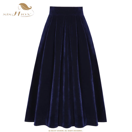 SISHION 2022 New Women Autumn Winter Skirt Pockets SS0032 Black Blue A Line Retro Vintage High Waist Long Midi Velvet Skirt